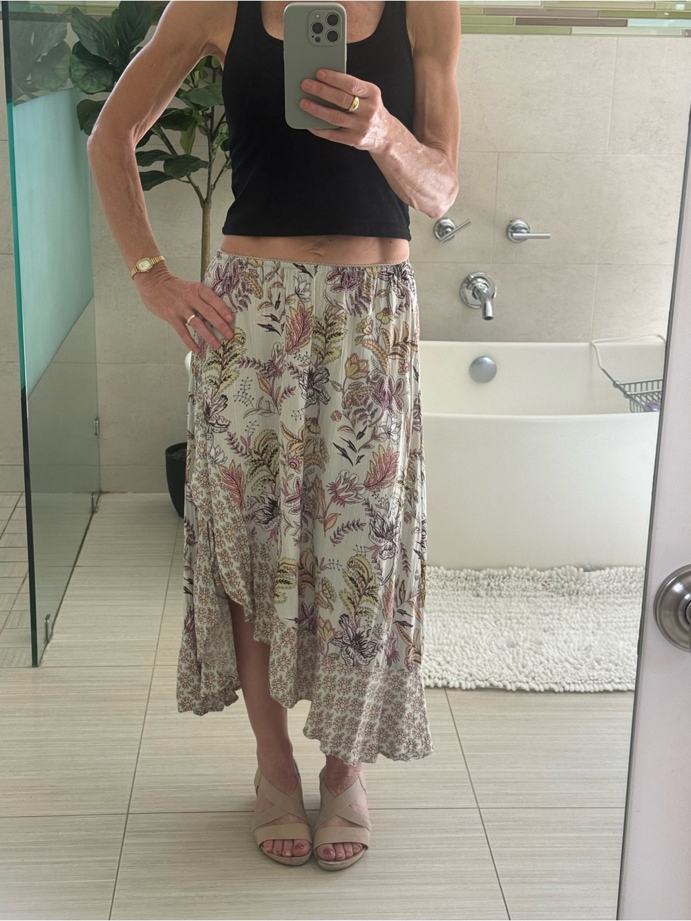 Angie Light Blue High-Low Floral Skirt with pink